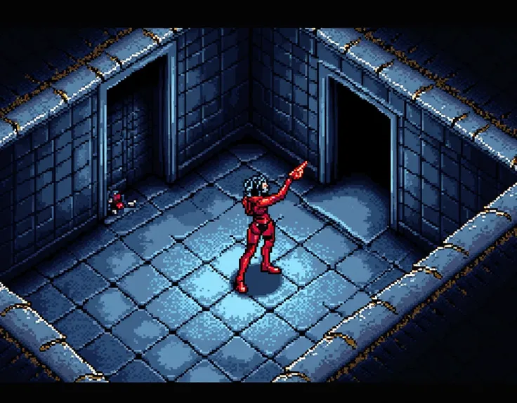 3D dungeon RPG game screen, Shin Megami Tensei. A cyberpunk woman in the center attacks with a weapon, The bottom area of ​​the screen 3 x 2 white rectangles with player status. A simple and futuristic underground dungeon, cyberpunk of Future Underground d...