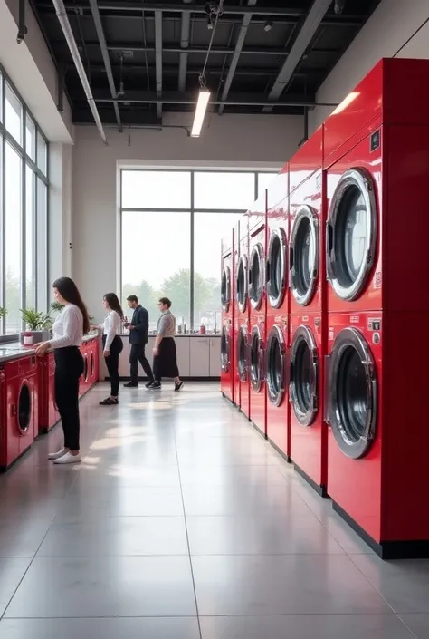 Create an image of a self-service laundry with several LG machines side by side combined at the bottom and top right colors red and gray