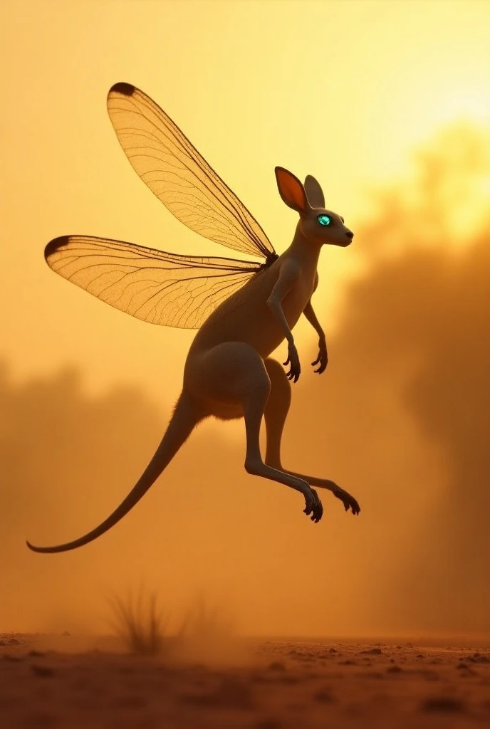 Design a hybrid of a Kangaroo and a Dragonfly. The creature should have the strong, muscular legs and upright stance of a Kangaroo, but with large, translucent Dragonfly wings and multifaceted eyes. Its body should be sleek and aerodynamic, capable of rapi...