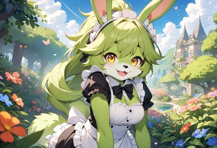 (beautiful illustration), (((furry body))), solo:2, (beautiful and delicate), ((best delicate ponytail)) (beautiful green hair detailed long hair) (best cute bunny furry girl), ((beautiful furry face, furry body)) (best cute yellow eyes), (best happy smile...