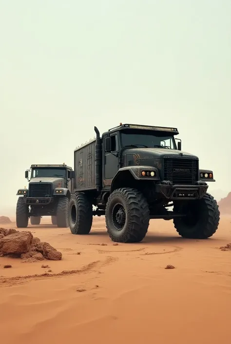 Create two black trucks in a desert 
