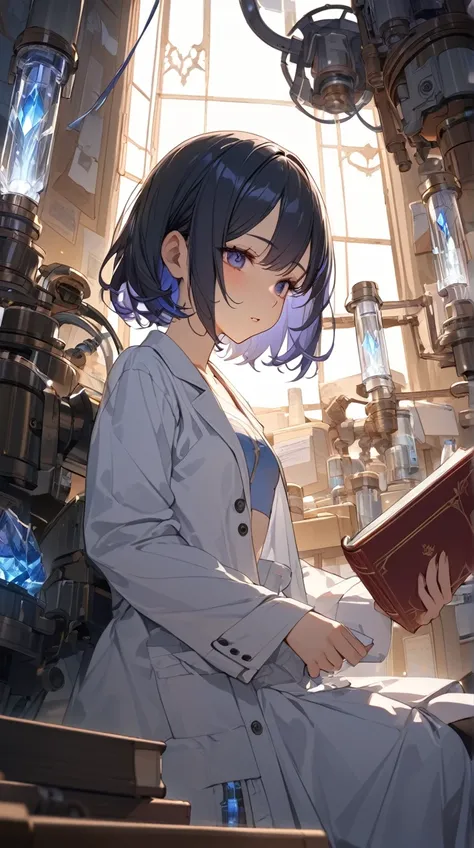 One Girl、Intelligent look、Sharp Eye、Short Hair、 Laboratory Coat 、 Possessing a Magic Book 、Small breasts、 Calm Posture 、 Precise Mechanical Equipment 、  
   break、  
   Fluorescent lamp、(Crystal Light:1.3)、Cold shades、 Strong Contrast 、Mysterious Shadow、A ...