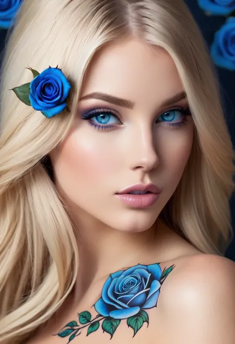 full body photo of an beautiful nude girl,straight long blond hair, natural blue eyes, arm with a blue rose tattoo, perfect lips...