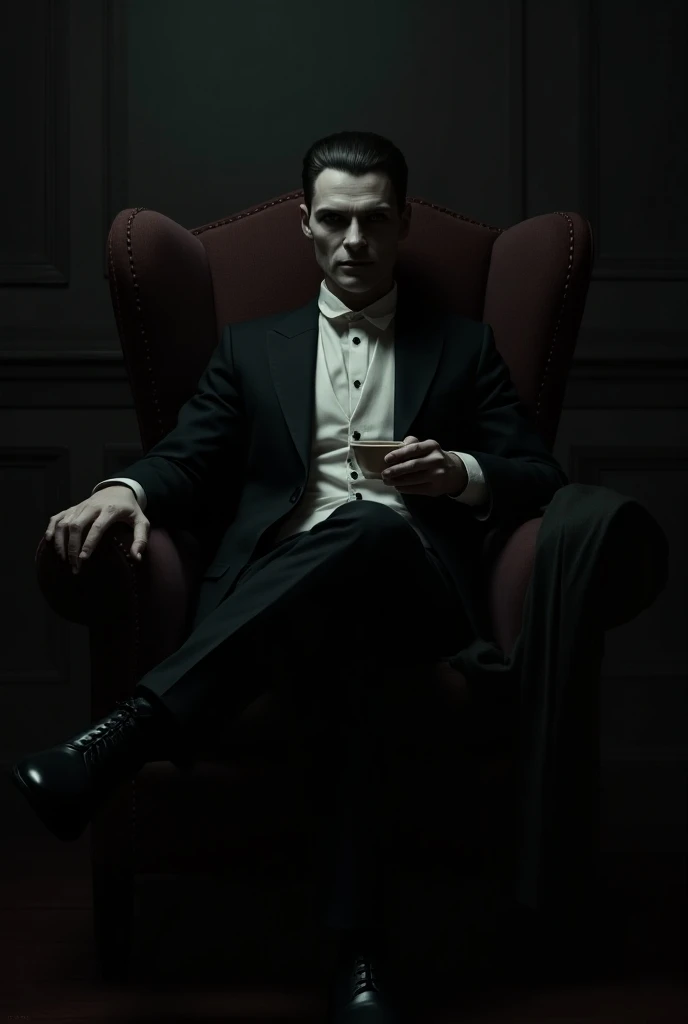 Dracula,  in suit , sitting on sofa,  With cup