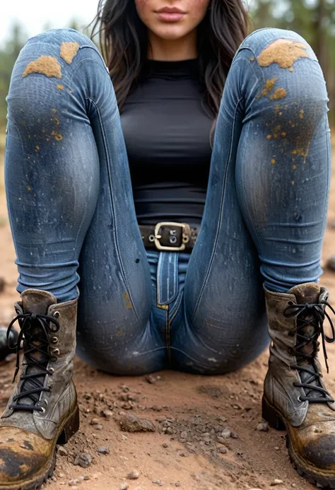 a sexy hot slim woman, ( sitting down on the ground), (knees up:1.5), wearing (a pair of very dusty, dirty and washed-out long t...