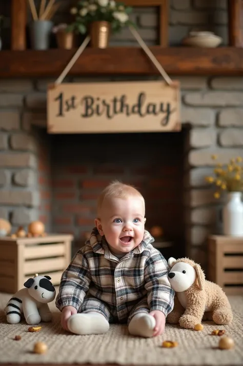 Generate a image for 1st birthday wishe for baby boy by using the farmer  themes