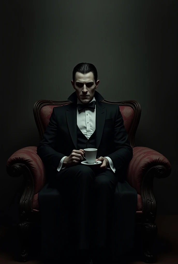 Dracula,  in suit , sitting on sofa,  With cup