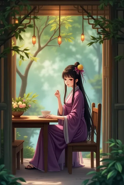 ,Fantasy World, Outside the Bamboo House door ,, Character Design  ,Liu Yurou,Bangs,  long hair   , Smile,headgear,  wearing a plum sleeve robe, eating at the dining table  ,【8k,