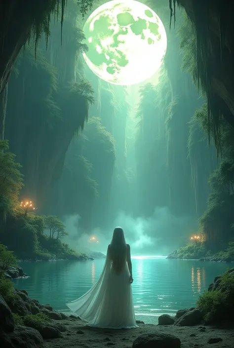 A mystical realm unfolds inside the huge cave, where ancient forests stretch towards twinkling luminescent orbs. A huge artificial moon hangs from the ceiling of the cave. A lone sorceress stands at the edge of a glowing lake, her long silver hair flowing ...