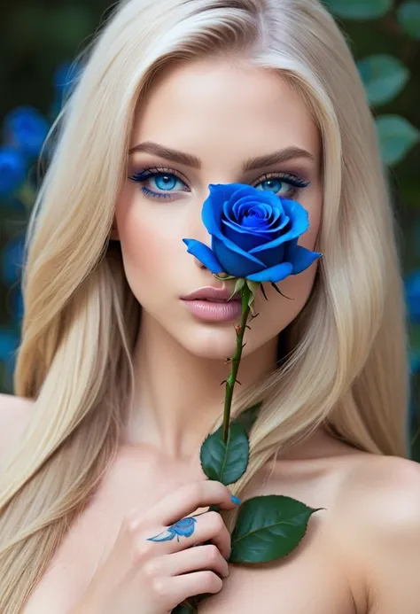 full body photo of an beautiful nude girl,straight long blond hair, natural blue eyes,only arm with a blue rose tattoo, perfect ...