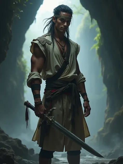 Create an image of Si Buta dari Goa Hantu, a handsome blind warrior. He has strong, chiseled features and a confident expression. His long, wild hair is tied back with a traditional cloth band, framing his face.  Dress him in a stylish blend of traditional...