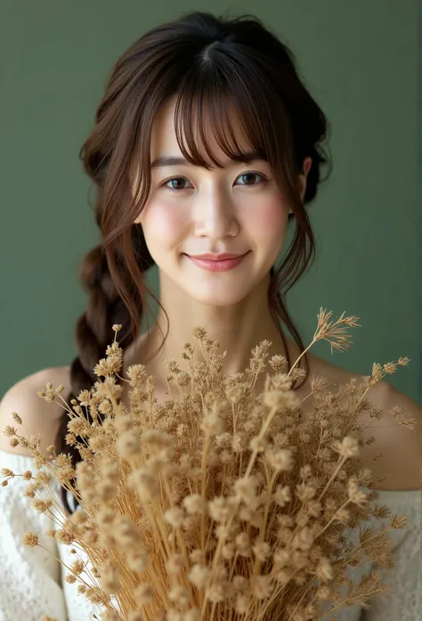 a close-up portrait of a young east asian slender woman with long, braided hair and swept bang.she is holding a large bouquet of...