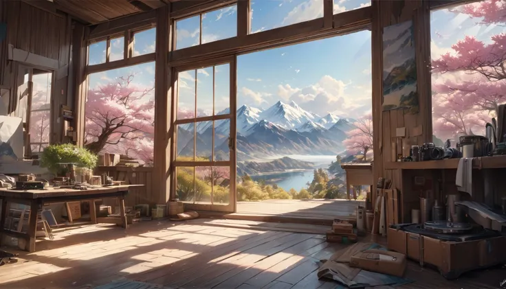 Beautiful landscape,sunlight streaming through the window,sakura,swaying trees outside the window,distant rolling mountains,blue sky and white clouds,tranquil and beautiful,ultra-detailed,highres,masterpiece:1.2,realistic,studio lighting,vivid colors