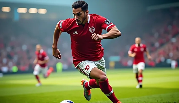 A man is playing football on the field wearing a red collared football jersey. 