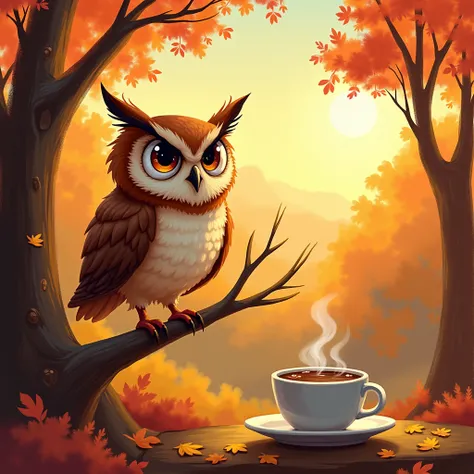  A funny owl in a sunny autumn landscape and a mug of coffee,  impressionist digital art , noticeable brush strokes 