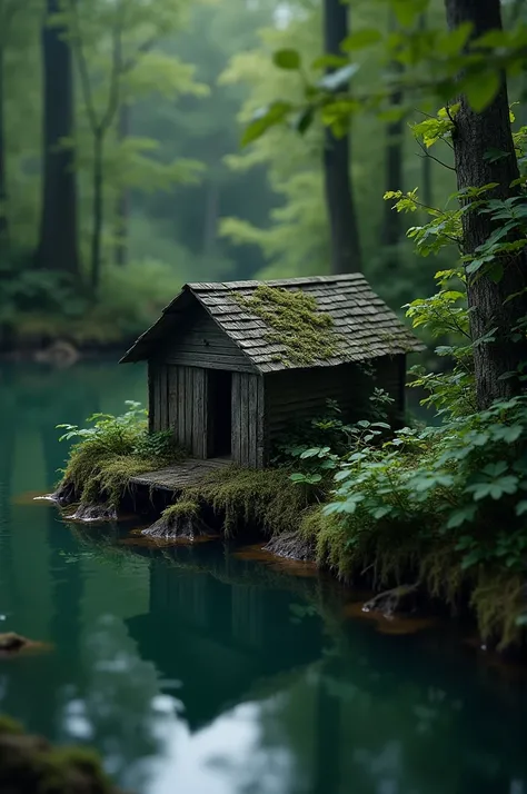 A well worn shack sitting at the edge of a deep dark green swampy body of water peeking out from dense foliage that surrounds it, dark muted light, Chris LaBrooy, ecological art, a tilt shift photo, Kyoto Studio