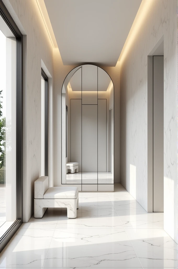 Professional 3d architecture rendering design of modern and minimal and high tech design for villa’s hallway with curve elegant  white bone marble  chair and elegant mirror and glassy closet 