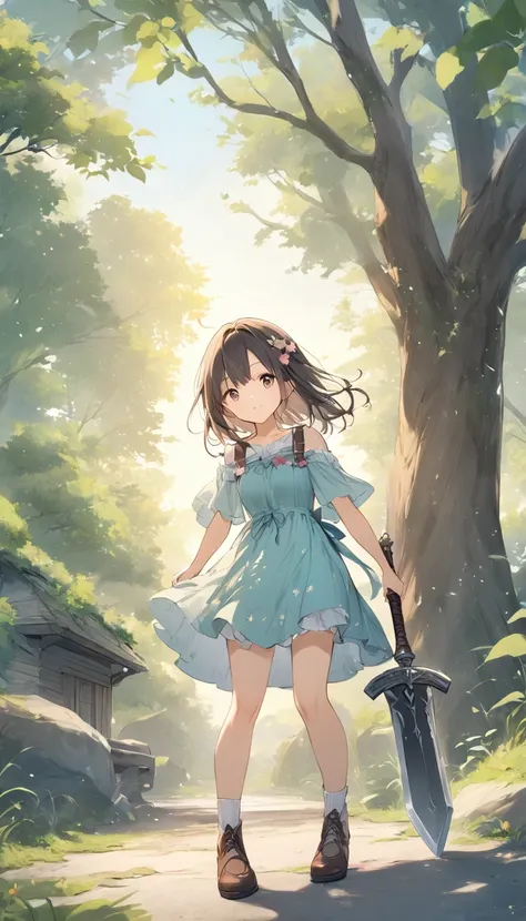  Light lines and soft colors create a dreamy effect., A fleeting impression..,One Woman、Old Tree House 、 A Girl Holds an Iron Sword 、cute、 Fantasy 、 Fantasy  皮の鎧、Tattered clothes