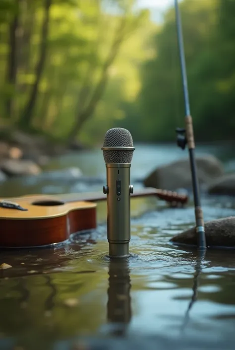 Dynamic microphone , In the river,  with guitar and fishing