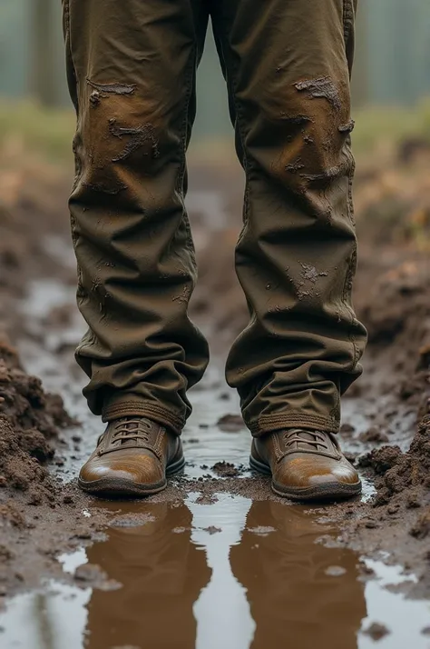 Pants that I am wearing have mud on them. It should look like I took the photo while holding the camera and looking down at my feet. The background is mud. Should be hyper realistic.