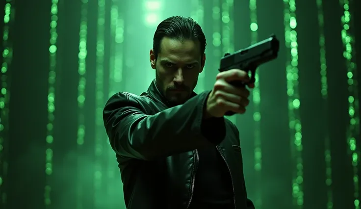 Keanu reeves holding gun inside Matrix ready to fight against enemy at background