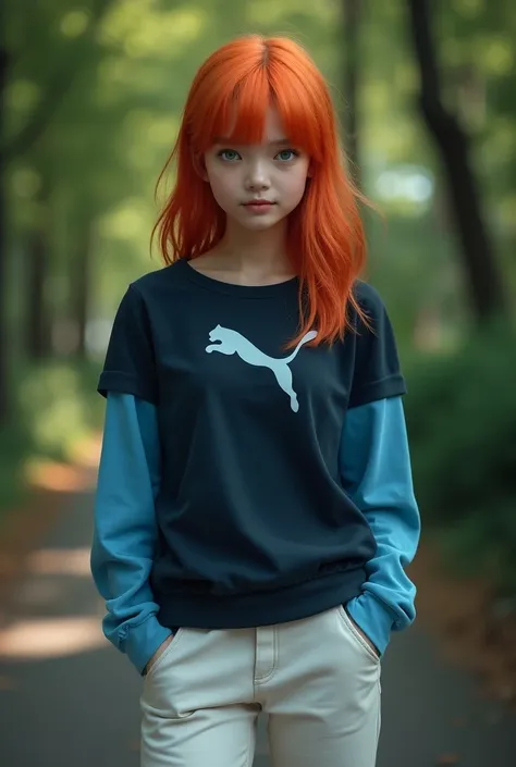 " A realistic image of a 22-year-old girl with orange hair and bright green eyes ,  wearing a dark and light blue long-sleeve t-shirt with a cat symbol on her chest,  white pants that go up to half the calf and blue shoes . She is in a confident pose, akim...