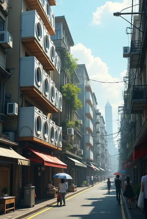 The buildings with washing machines are only on one side