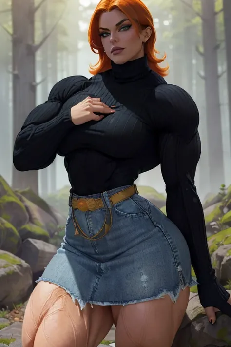 ((Close-up)), tall, (orange hair), beautiful muscular woman, long shaggy hair, white skinned, closed smile, large breast, (black lipstick), (massive muscles), (hyper muscle), ((ginormous bulky muscles)), green eyes, ((((long sleeve turtleneck sweater)))), ...