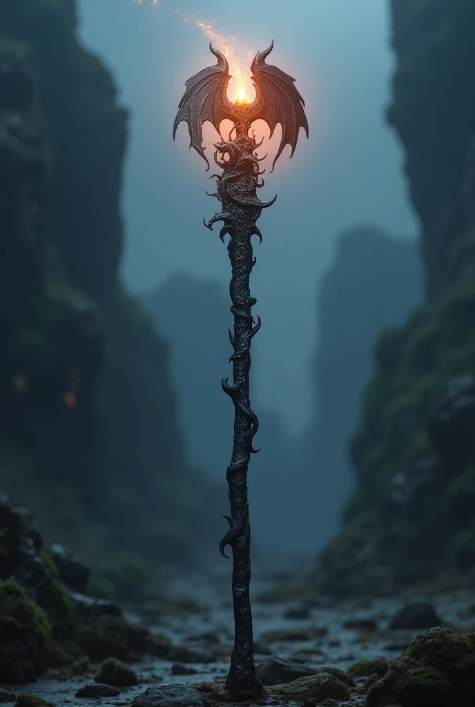 An iron staff whose tip resembles the wings of a wyvern holding a orb.