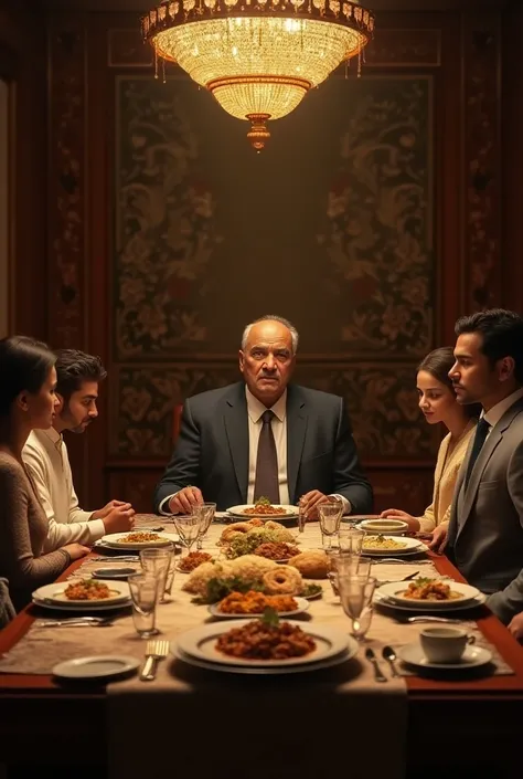 A Pakistani uppar class family sitting in dining table for dinner with Father on head sit and mother and three 25 years sons and one 26 years daughter