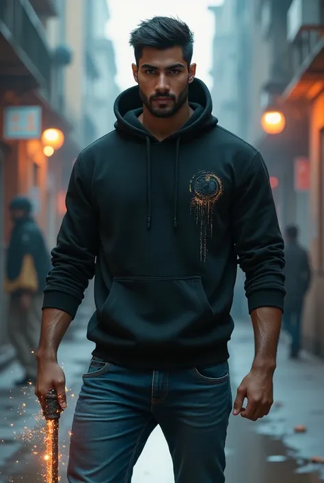 Make a Indian young male handsome gorgeous fit supernatural warrior modern version with black hoodi shirt and blue jeans pant with magical divine stick 