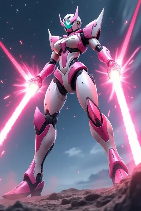 anime, Giant Robot, A dynamic full-body image of a Marvel-esque white and pink female super robot battling with lasers coming out of her palms　Simple Background,universe, 