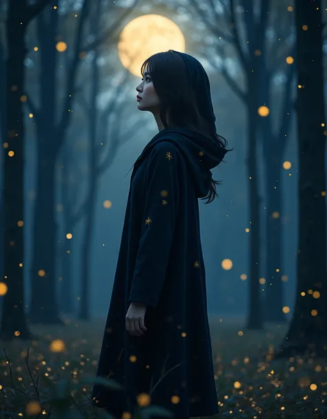 Ultra high quality, artistic, UHD, The artwork contains elements of a dark and brooding design,an East-Asian slender woman, night forest, moonlight, gazing at stars, dark hooded coat, golden star patterns, soft breeze, serene, dreamy, mystical glow, tall t...