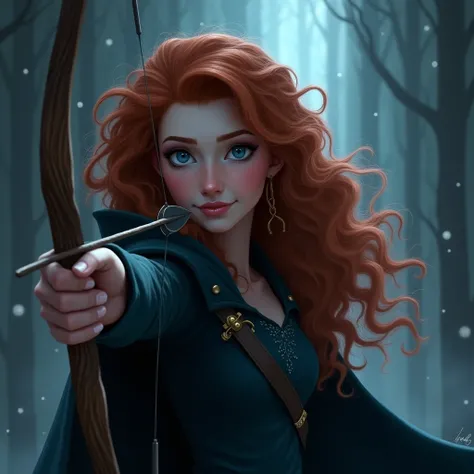 Style Drawing of a beautiful woman EUROPEAN FEATURES OF VERY LONG SILKY JET BLACK HAIR and 
BLUE Eyes, wearing a PRINCESS MERIDA costume WITH A black cape with a hood ,  while she is POINTING WITH A BOW AND ARROW background of a dark glowing light shows cl...