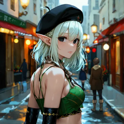 Parisian,1woman,elf,short hair,french braids,ahoge,Blonde,(slender),Big Breasts,Tall,empty eyes,Black Eyes,brown gloves,black elbow gloves,((black thigh highs))、micro black beret、Brown scarf、green silk crop top,sleeveless,green silk mini skirt,,brown knee ...