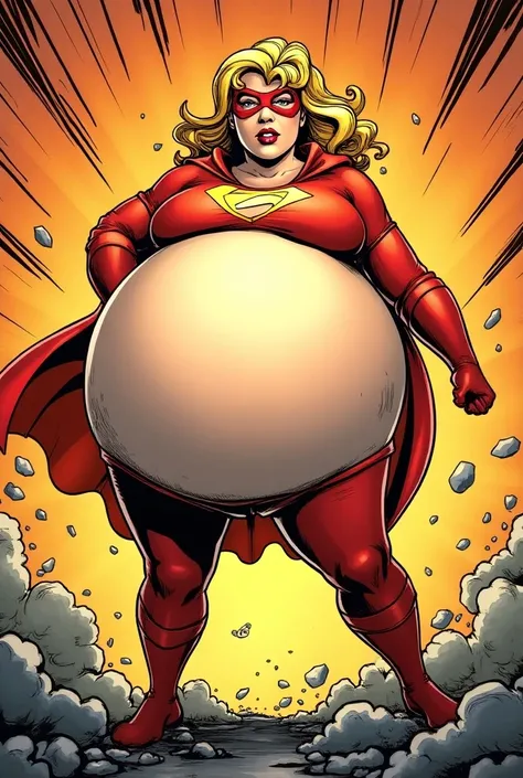 create a comic styled illustration of Power girl from DC comics with a massive fat spherical round fat distended belly