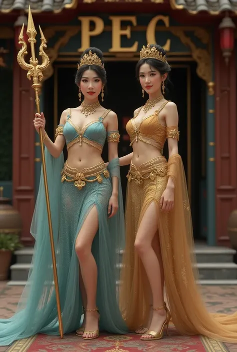  Fullbody photo featuring 2 beautiful Asian girls, who wears a fancy dress and a glittering gold blue slayer ,  like a royal princess wearing a golden crown with a matching glittering gold crown,  and wearing beautiful jeweled necklace accessories , is pos...