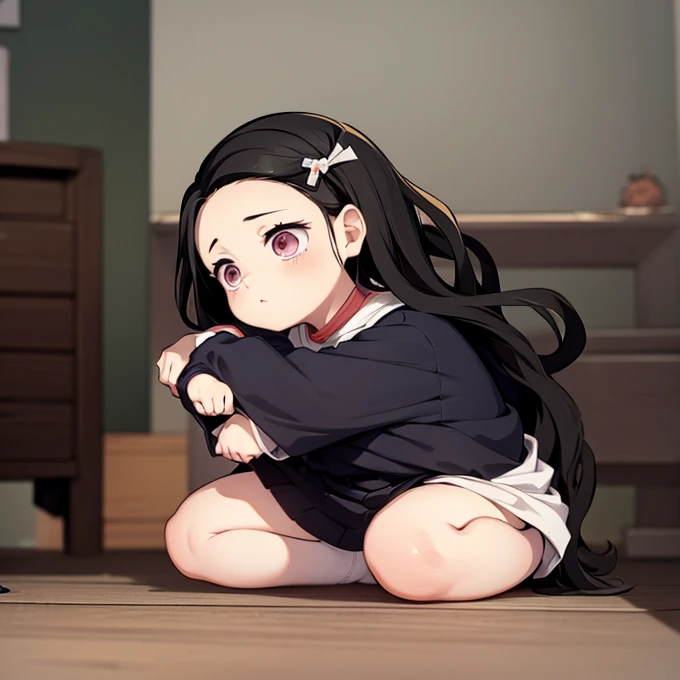 very small nezuko-chan，diapers， body type:1.3， very small baby，extremely short hands and feet ，