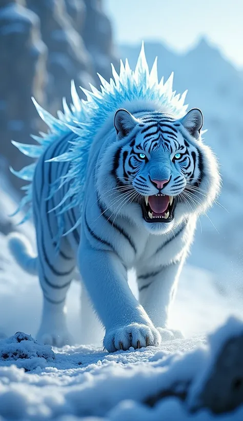    the tiger, now transformed into the Frost Tiger. Its fur is a radiant blue-white, covered with jagged icicles that glint in the light. Its eyes glow an intense icy blue, and frost trails behind it as it moves. The air around it crystallizes, turning sno...