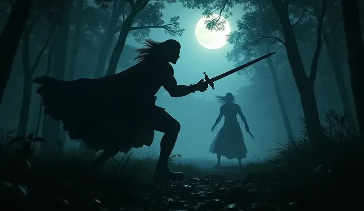 Generate 3d animated image of Indian deep deadly forest sealout shot shadow  a man looks like power star Pawan Kalyan full hair and killing a person only shadow image with sword in night