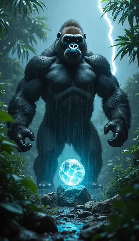 Superdetailed 4k realistic imageIn the heart of a dense, rain-soaked jungle, a powerful silverback gorilla beats its chest beneath dark storm clouds. The jungle is alive with the sound of thunder rolling through the sky and raindrops hitting leaves. The go...