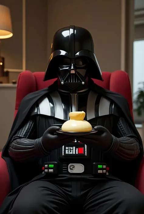 Darth vader eating egg pudding in living room