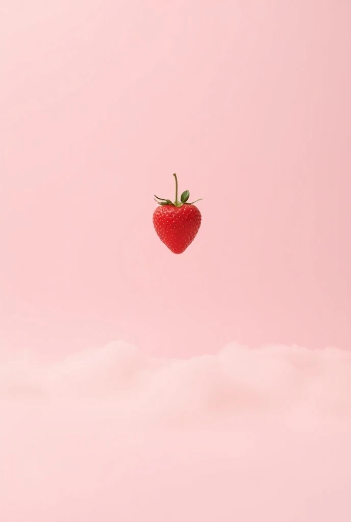 a sea of milk with a baseless strawberry floating in the air on a plain pink background