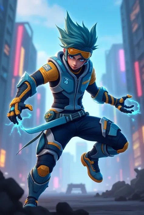 personagem Ekko de league of legends com skin nas cores azul, white and yellow
