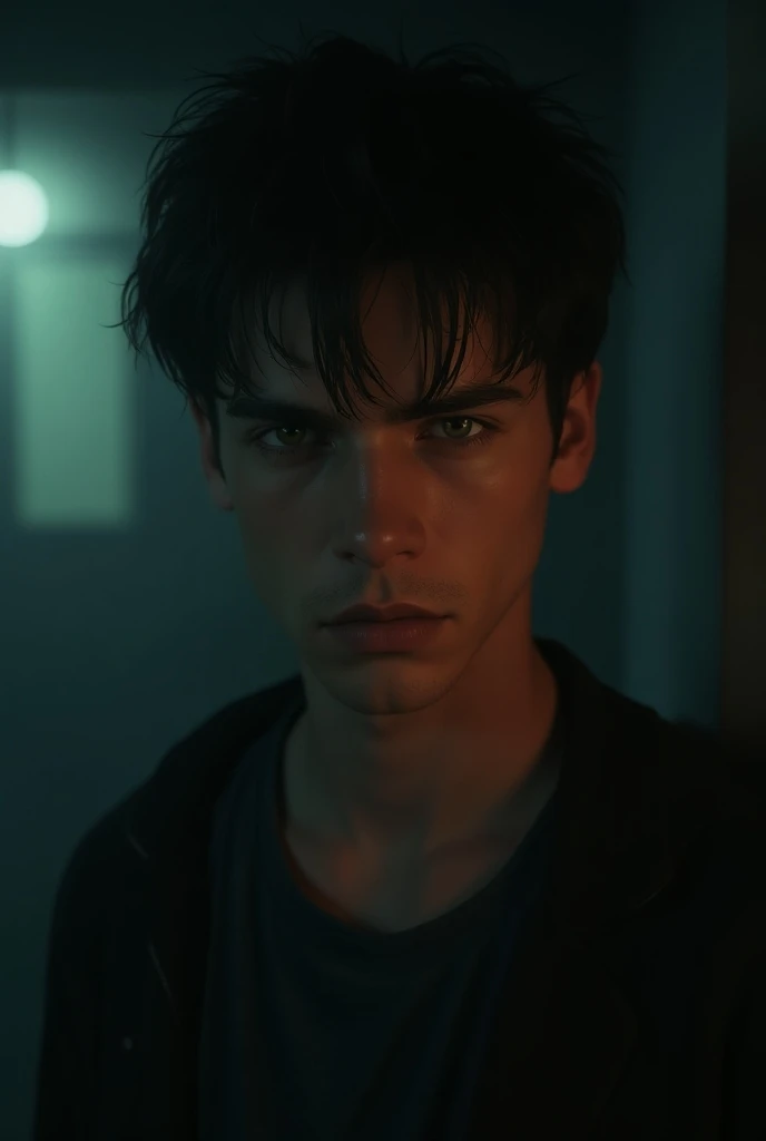 You make a serious man in a dark setting with a melancholic look, with a serious-lipped expression but an angry look.. That the man is 18 years old, skin a bit tanned, dark green eyes 