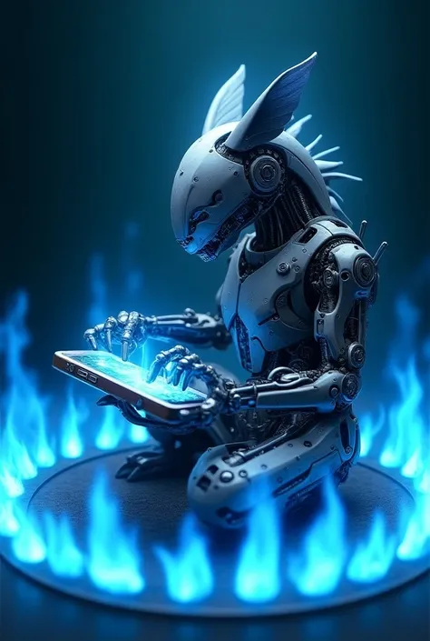 mechanized animal repairing a cell phone while surrounded by a circle of blue fire in the back  

