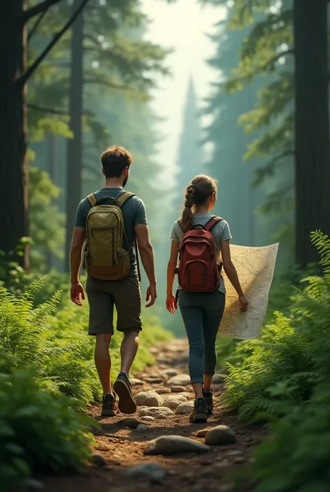 Tom and Sarah are walking through the woods with a more realistic map