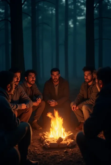  A group of men sitting in a circle around a campfire in a dark forest. The flames illuminate their faces ,  while shadows are cast on the trees .  The protagonist is especially focused ,  showing fascination with the story .