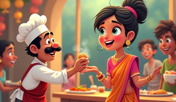 
Cartoon image features a young Indian girl in traditional attire, wining cooking competition George  giving toffee to her 