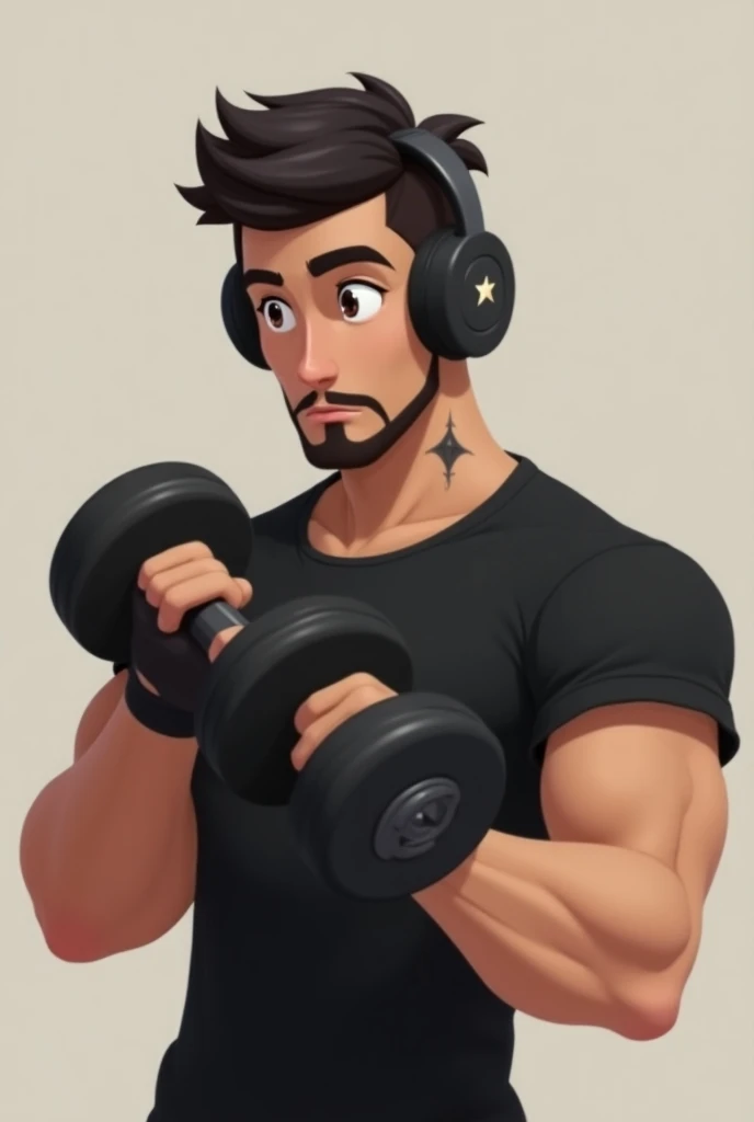 Disney Pixar cover black-haired boy with short beard short black shirt black earphones star tattoo on his neck straightening 2 dumbbells 